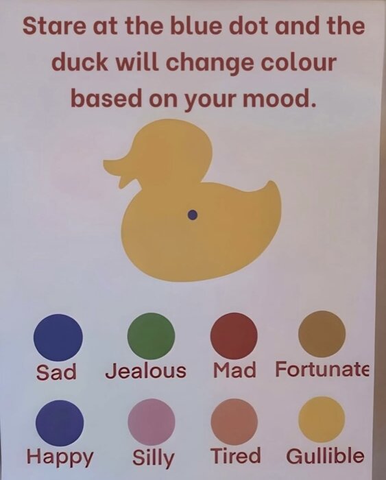 Bild av en gul anka med en blå prick och text som säger att ankan ändrar färg baserat på humör, omgiven av färgprickar som symboliserar olika känslor.