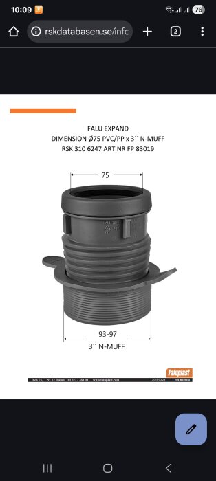 Falu Expand rörkoppling med dimensionerna Ø75 och 3'' N-Muff, tillverkad av PVC/PP. Artikelnr: 310 6247, FP 83019.