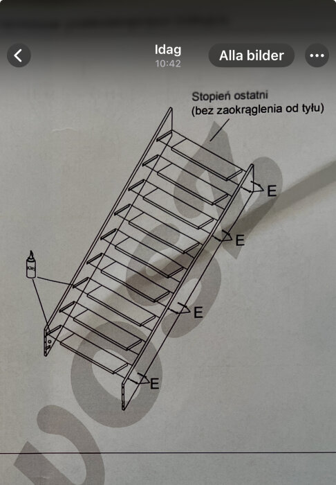 Skiss av en trappa med markeringar för limning av trappsteg. Visar en flaska lim och bokstaven E vid stegkanterna. Text på polska.