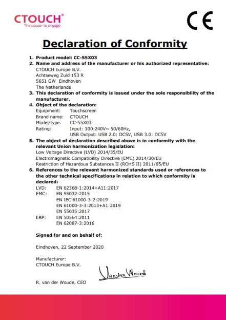 Deklaration om överensstämmelse från CTOUCH för produkt CC-55X03, med detaljer om tillverkare, standarder och certifiering, daterad 22 september 2020.