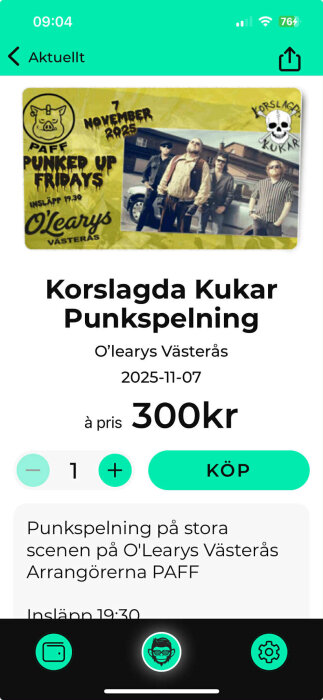 Affisch för punkevent "Korslagda Kukar" på O'Learys Västerås, 7 november 2025, pris 300 kr. Bandmedlemmar poserar framför bil.