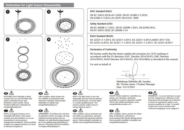 Instruktion för ljuskällans demontering, standarder (EMC, LVD, RoHS), samt Malmbergs DoC och kontaktuppgifter.