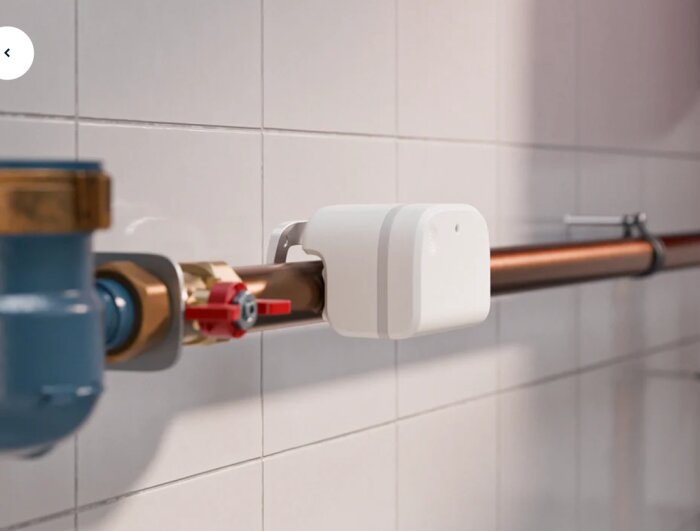 En Water Grip-enhet installerad på ett kopparrör för att mäta vattenförbrukning, monterad mot en kaklad vägg.