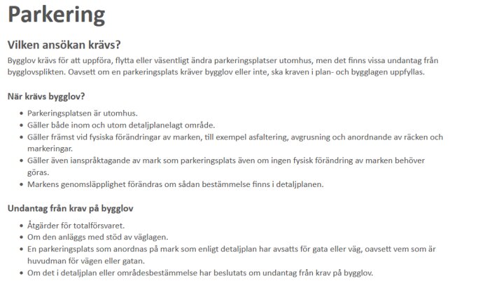 Regler för bygglov och parkering från kommunen, med information om ansökningskrav och undantag vid utomhusparkering.