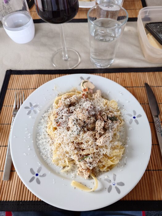 Kycklingpasta med basilika, soltorkade tomater, parmesan och svartpeppar på en tallrik; med ett glas rött vin och vatten bredvid.