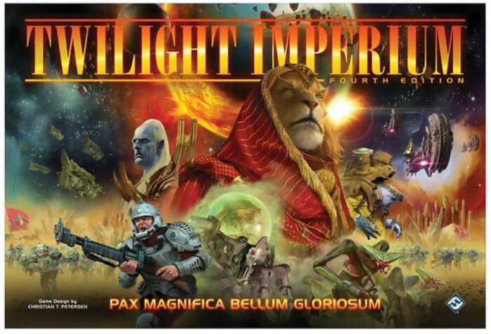 Omslaget till brädspelet Twilight Imperium Fourth Edition med rymdtema och olika karaktärer samt texten "Pax Magnifica Bellum Gloriosum".