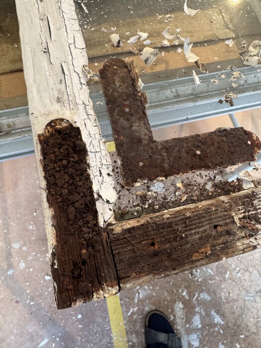 Rostigt L-format gångjärn på gammalt trästycke med flagande färg och synlig röta, avlägsnat från en trästruktur för renovering.