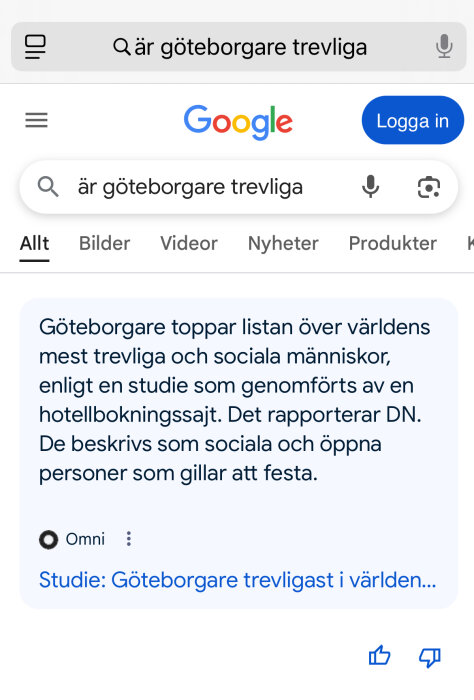 En skärmdump av en Google-sökning på "är göteborgare trevliga" med en artikel som säger att de är sociala och öppna.