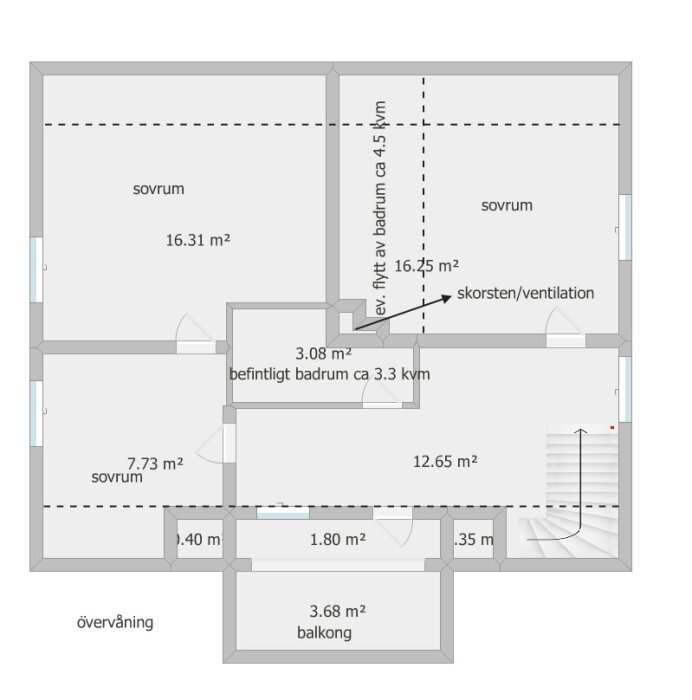 Planlösning av övervåning med tre sovrum, badrum, balkong och trappa. Möjlig flytt av badrum och skorsten/ventilation markerade.