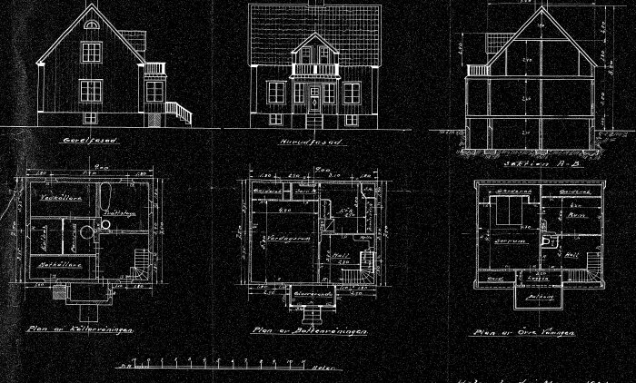 Svartvit husritning med fasader, sektion, och planritningar för källare, bottenvåning och övre våning markerad med rum och mått.