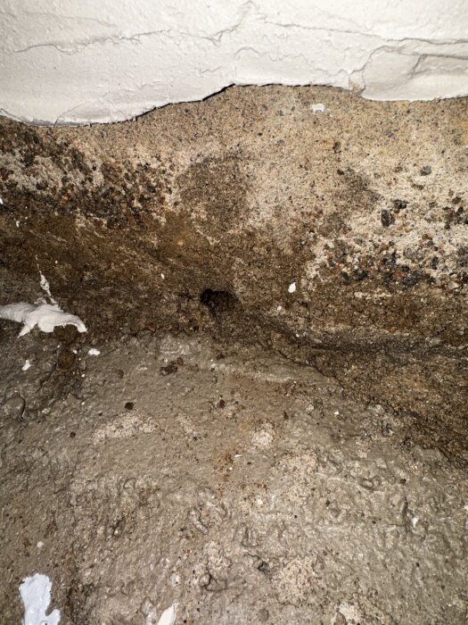 Hål i murad vägg med vatteninträngning märks av fukt och missfärgningar.