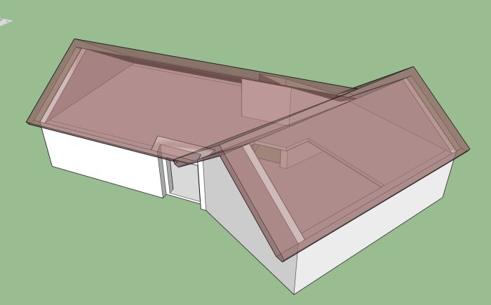 3D-modell av en byggnad med ett genomskinligt rött tak och vita väggar, visad från ovan.