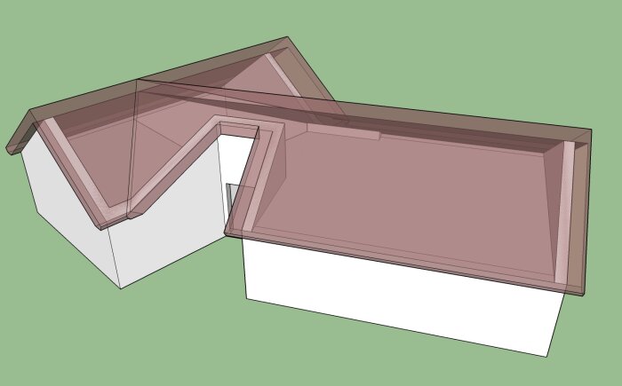 Takdesign i 3D med flera vinklar och överlappande sektioner på ett hus, visad mot grön bakgrund.