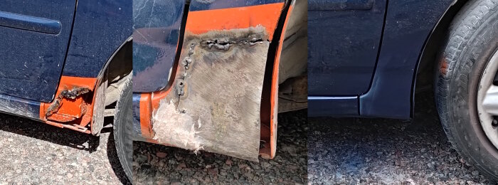 Bilden visar rostlagning med pinnsvets och spackel på en bils skärm, med synliga svetsskarvar och ojämn yta av spacklet.