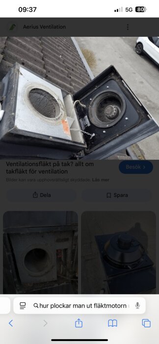 Frånluftsfläkt i en takhuv på ett tak, med öppnad lucka som visar fläktkomponenterna.