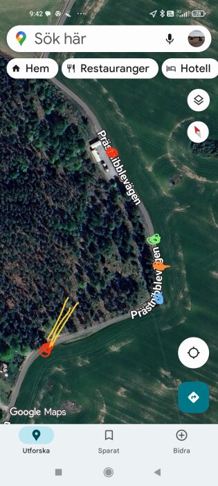 Satellitbild av en väg genom ett skogsområde med markerade färgade punkter för röd, orange och blå figur, samt gröna markeringar längs vägen.