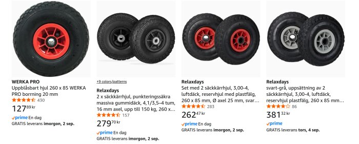 Produktbild av olika säckkärrhjul från Amazon, inklusive Werka Pro och Relaxdays modeller, med olika dimensioner och färgalternativ.