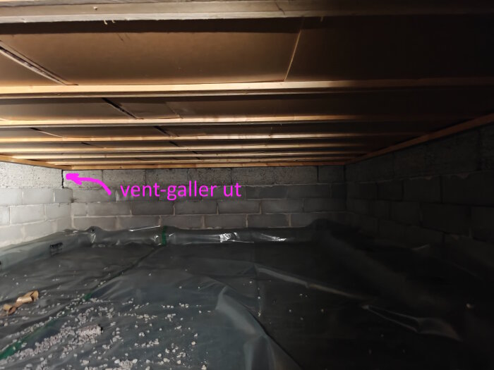 Krypgrund med isolerad mark, makadam och plastfilm. Ventilationsgaller syns i hörnet. Masonitskivor utgör undersidan av golvet.