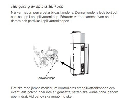 Illustration av en värmepump och dess spillvattenkopp från F750-manualen, med fokus på rengöring och underhåll för att undvika igensättning.