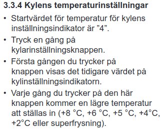 Instruktioner för att ställa in temperaturen på Cylinda-kylskåp, inklusive startvärde och möjliga temperaturinställningar.