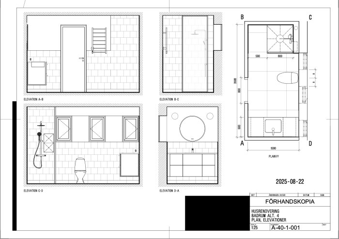 Ritning av ett badrum med planlösning och vyer, inklusive duschutrymme, handfat och toalett.职位