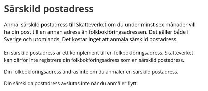 Text om särskild postadress från Skatteverket, beskriver hur man kan anmäla en särskild postadress som komplement till folkbokföringsadress.