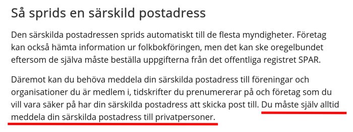 Text om spridning av särskild postadress enligt Skatteverket, med fokus på att man måste meddela privatpersoner sin adress.
