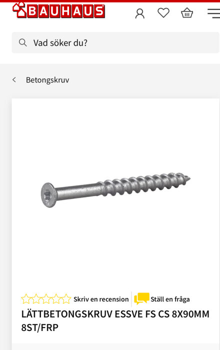 Lättbetongskruv av märket ESSVE FS CS, storlek 8x90mm, visas för användning i Leca sten och betongapplikationer.