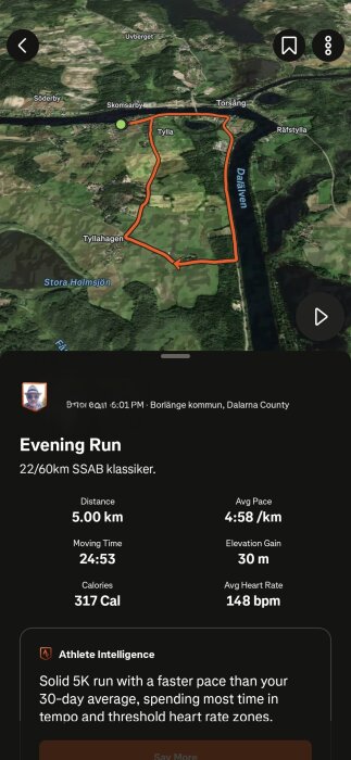 Satellitkarta över löprunda kring Tylla, Borlänge, visar 5 km rutt med statistik: tid 24:53, pace 4:58/km, kalorier 317, höjdvinst 30 m, puls 148 bpm.