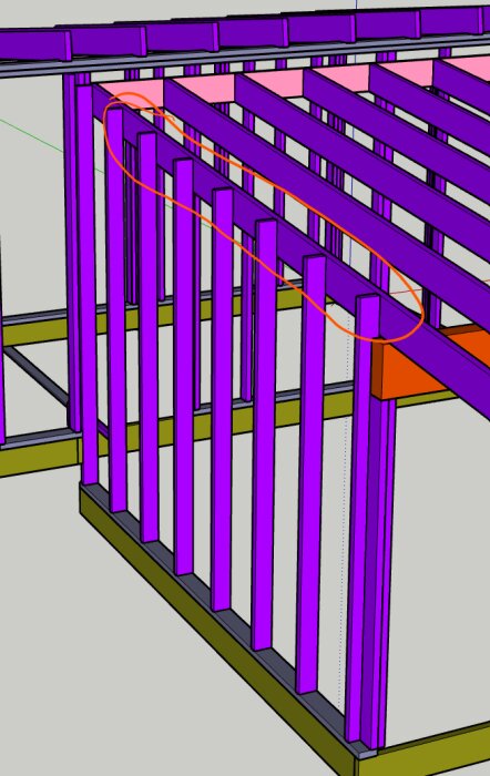 Illustration av väggreglar anslutna till en liggande takbalk, med markerad sektion för korrekt montering; frågeställning om byggteknik.