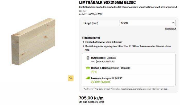 Limträbalk 90x315 mm GL30c, 9000 mm lång, pris 705 kr/m, visas med produktinformation och lagerstatus för beställning och leverans.