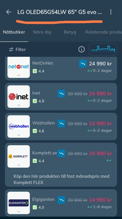 Prisjämförelse av en LG OLED65G54LW TV från olika återförsäljare, inklusive NetOnNet, Inet, Webhallen, Komplett.se och Elgiganten.