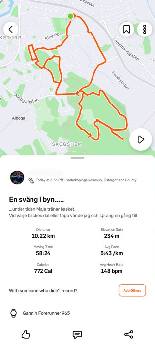 Löprunda i Söderköpings kommun på 10,22 km med höjdökning 234 m, visad med karta och löpstatistik inklusive tid, tempo och förbrända kalorier.