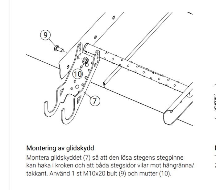 Illustration av montering av glidskydd för stegar, inklusive skruvar och muttrar, med instruktioner för fastsättning på profilerade plåttak.