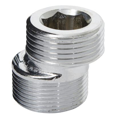 Excentrisk övergång av metall, troligen för VVS, med gängade ändar för att ansluta rör eller blandare.