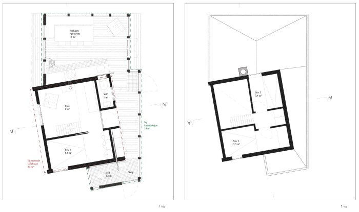 Arkitektskiss av stuga med två våningar, som visar utrymmen för kök, vardagsrum, sovrum och wc, samt detaljerad planlösning.