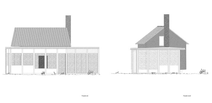 Arkitektritningar av ett härbre med östra och norra fasaderna, visa detaljer som fönster och taklinjer.
