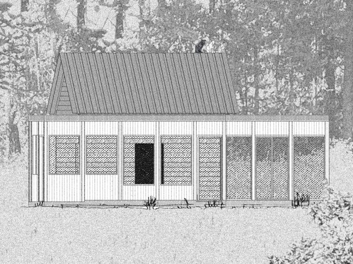 Arkitektritning av planerad stuga med sadeltak och breda fönster i träomgiven miljö.