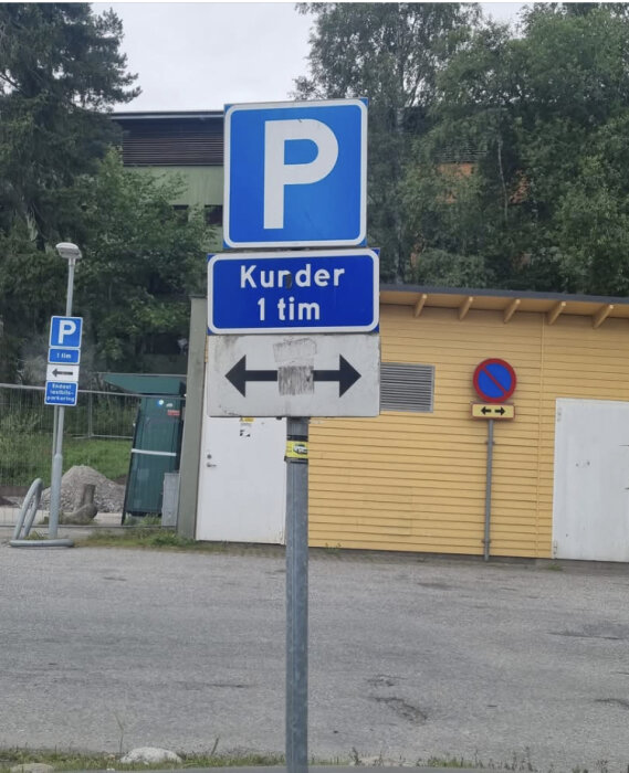 En parkeringsskylt med texten "Kurder 1 tim" framför en gul byggnad och skog.