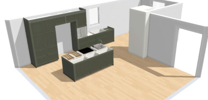 3D-ritning av kökslayout med grå skåp, köksö med diskho och spis, och väggar som formar ett litet rum i hörnet. Ljust trägolv.