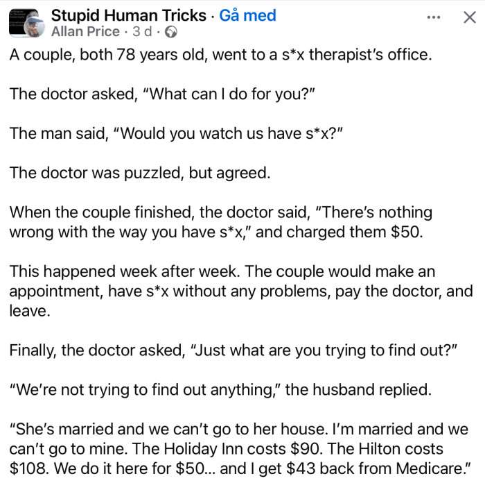Skärmdump av ett humoristiskt inlägg om ett äldre par som besöker en terapeut för udda anledningar, avslöjar ekonomiska skäl bakom.