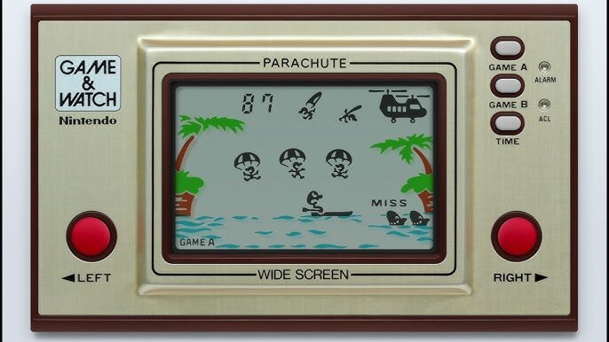 Nintendo Game & Watch enhet som visar spelet "Parachute" med figurer som hoppar fallskärm över vatten mellan palmer och en båt.
