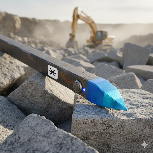 Spettet i stenbrottet är utrustat med en Bluetooth-symbol, vilket humoristiskt visar på modern teknik i traditionellt verktyg.