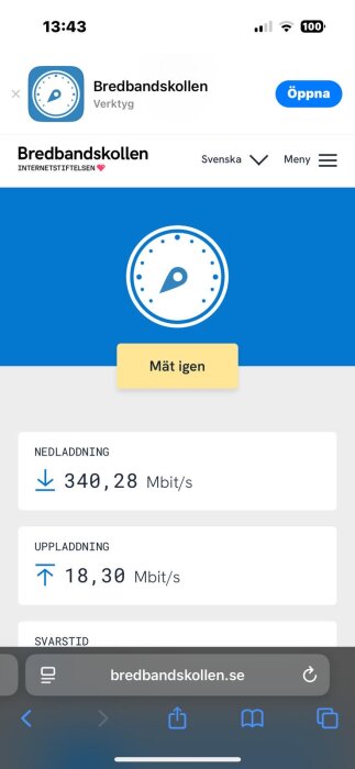 Skärmdump från Bredbandskollen visar internetuppkopplingshastighet: nedladdning 340,28 Mbit/s, uppladdning 18,30 Mbit/s.