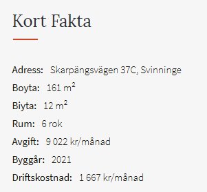 Information om fastighet: Skarpängsvägen 37C, Svinninge. Boyta 161 m², biyta 12 m², 6 rum, avgift 9022 kr/mån, byggår 2021, driftkostnad 1667 kr/mån.