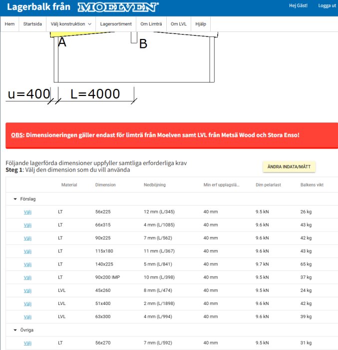 Skärmbild av Moelvens beräkningssida för dimensionering av limträbalkar, visar olika balkdimensioner, nedböjning och vikt för beräkning av garageprojekt.