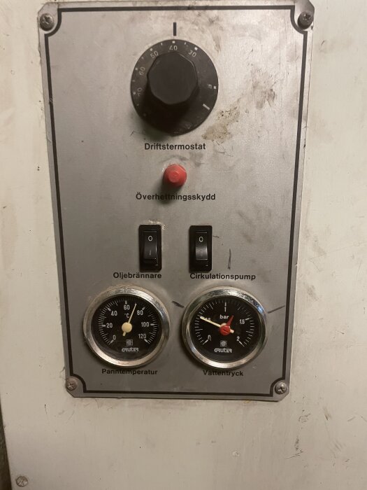 Panel med reglage för driftstermostat, överhettningsskydd och mätare för pannrestemperatur och vattentryck, använd i äldre kombinationspanna.