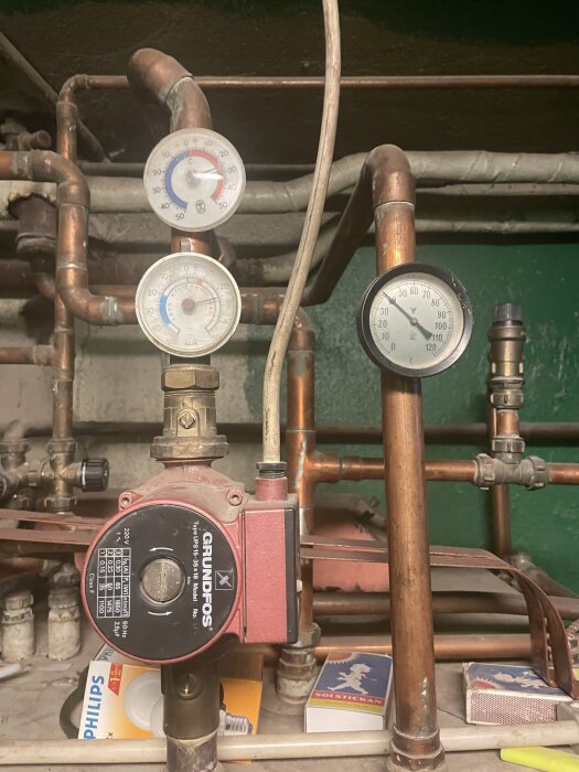 Rör och ventiler i en äldre kombipanna med tre mätare och en röd Grundfos pump i förgrunden.