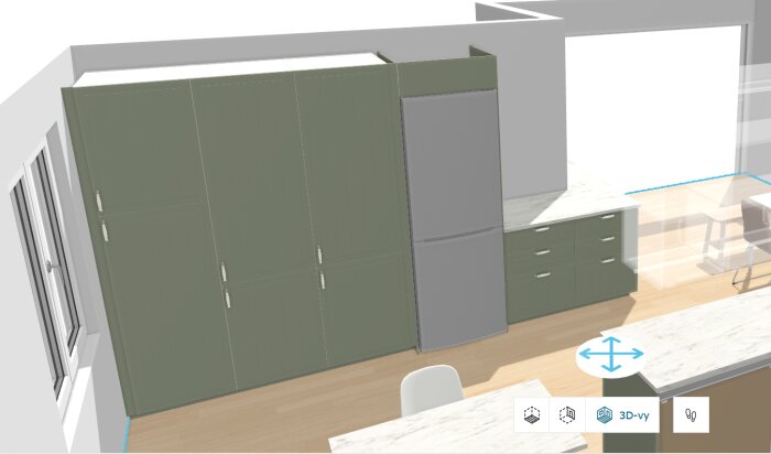 3D-ritning av kökslayout med gråa skåp, kylskåp, bänkskiva i marmor och fönster till vänster.