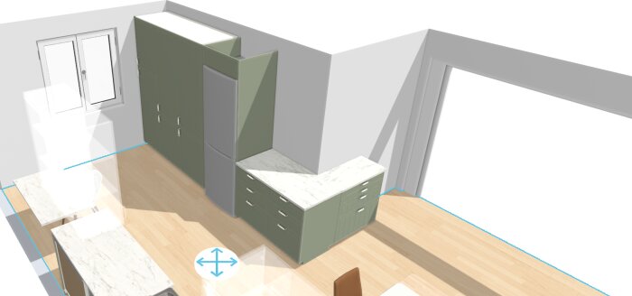 3D-visning av ett kök med gröna skåp, kylskåp och marmorliknande bänkskivor samt fönster och dörröppning.